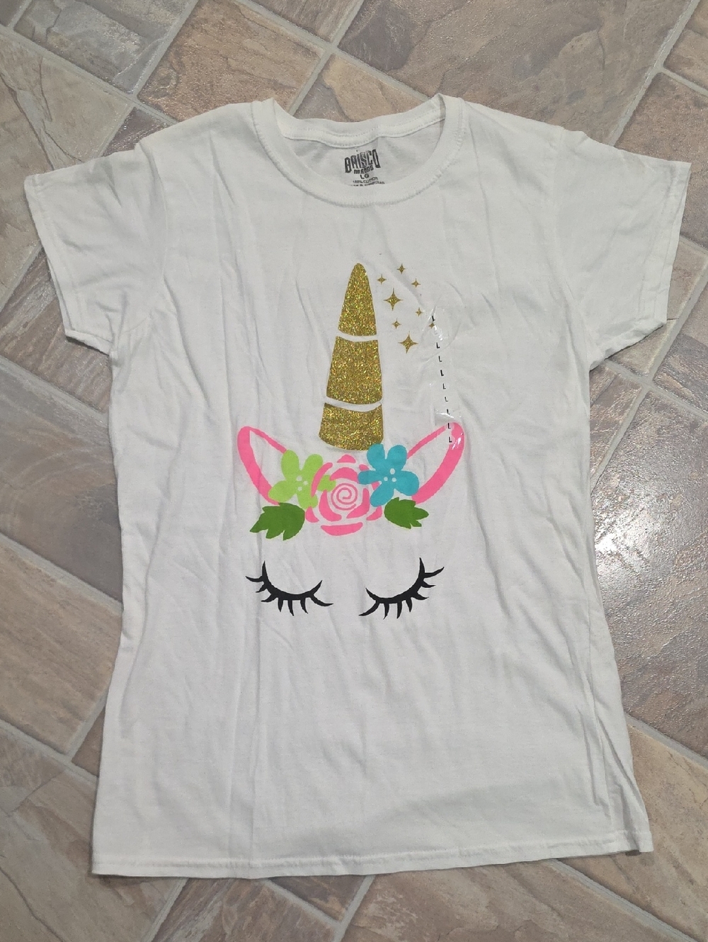 NWOT Girls White Unicorn Tee with Gold Glitter Horn
